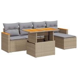 Salon de jardin 6 pcs avec coussins beige résine tressée acacia 516262516262