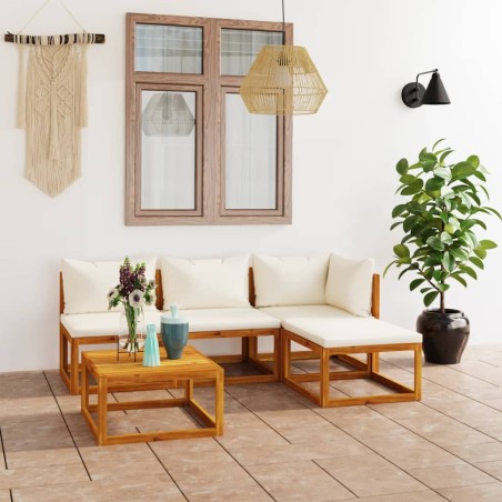 Salon de jardin 5 pcs avec coussin Crème Bois d'acacia solide 516751516751