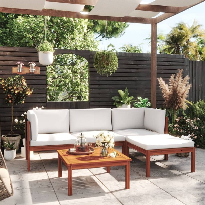 Salon de jardin 5 pièces avec coussins, bois d'acacia crème et corde 516849516849