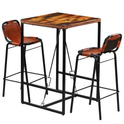Ensemble de bar 3 pcs Bois massif recyclé et cuir de chèvre 517322517322