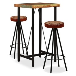 Ensemble de bar 3 pcs Bois de récupération Cuir véritable et toile 517642517642