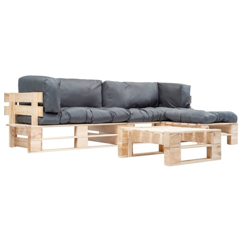 Salon de jardin palette 4 pcs avec coussins gris bois 517915517915