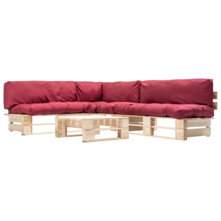 Salon de jardin palette 4 pcs avec coussins rouge bois 517917517917