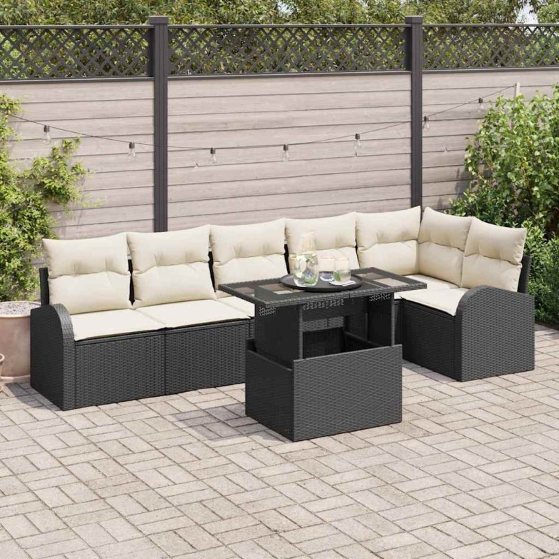 Ensemble de canapé de jardin 7 pcs Noir et crème polyrotin 518052518052