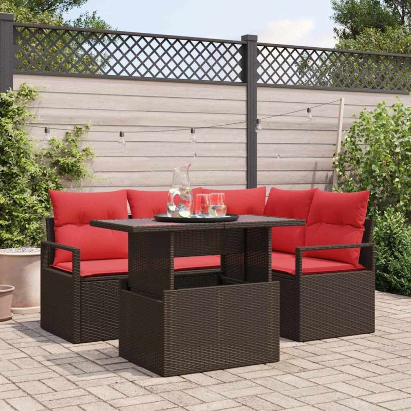 Ensemble de canapé de jardin 5 pcs Marron et rouge polyrotin 518087518087