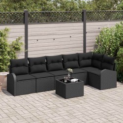 Ensemble de canapé de jardin avec coussin 7 pcs Noir Poly rotin 518589518589