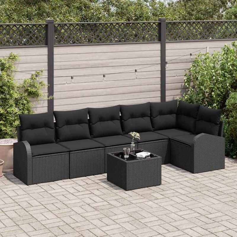 Ensemble de canapé de jardin avec coussin 7 pcs Noir Poly rotin 518589518589