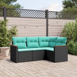 Salon de jardin 4 pcs avec coussins noir résine tressée 518872518872