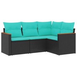 Salon de jardin 4 pcs avec coussins noir résine tressée 518872518872