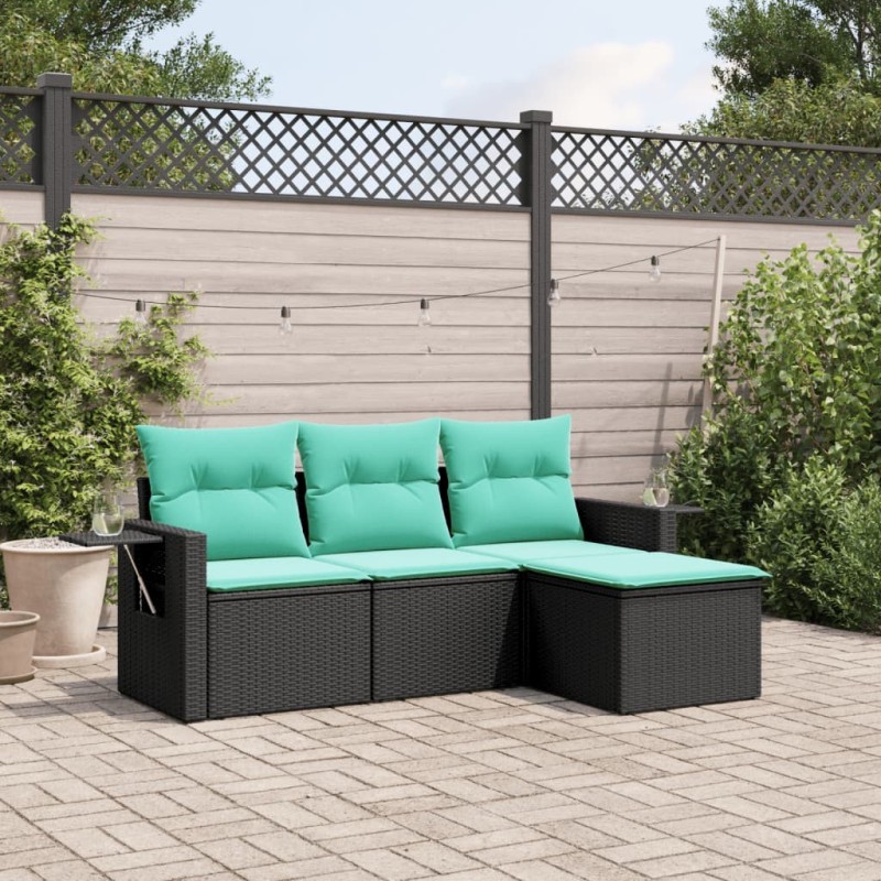 Salon de jardin 4 pcs avec coussins noir résine tressée 518885518885