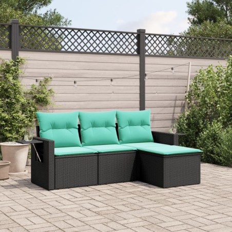 Salon de jardin 4 pcs avec coussins noir résine tressée 518885518885