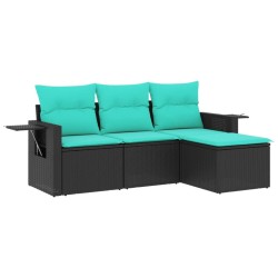 Salon de jardin 4 pcs avec coussins noir résine tressée 518885518885