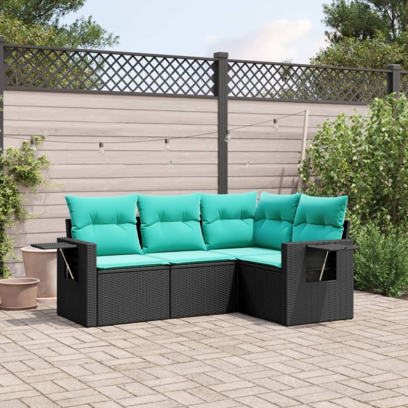 Salon de jardin 4 pcs avec coussins noir résine tressée 518888518888