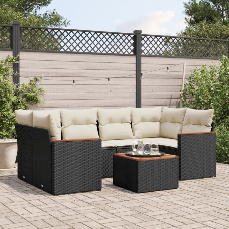 Salon de jardin 7 pcs avec coussins noir résine tressée 518913518913