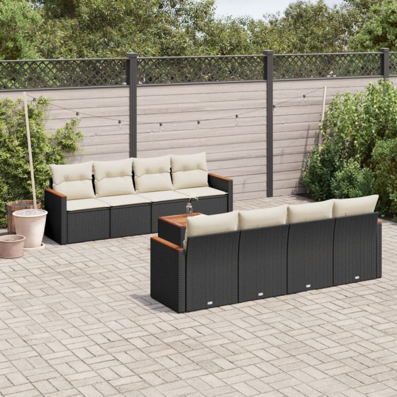 Salon de jardin 9 pcs avec coussins noir résine tressée 518915518915