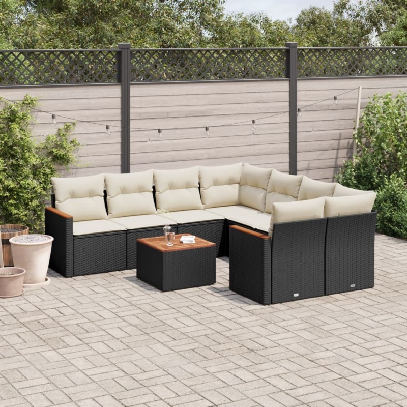 Salon de jardin 9 pcs avec coussins noir résine tressée 518916518916