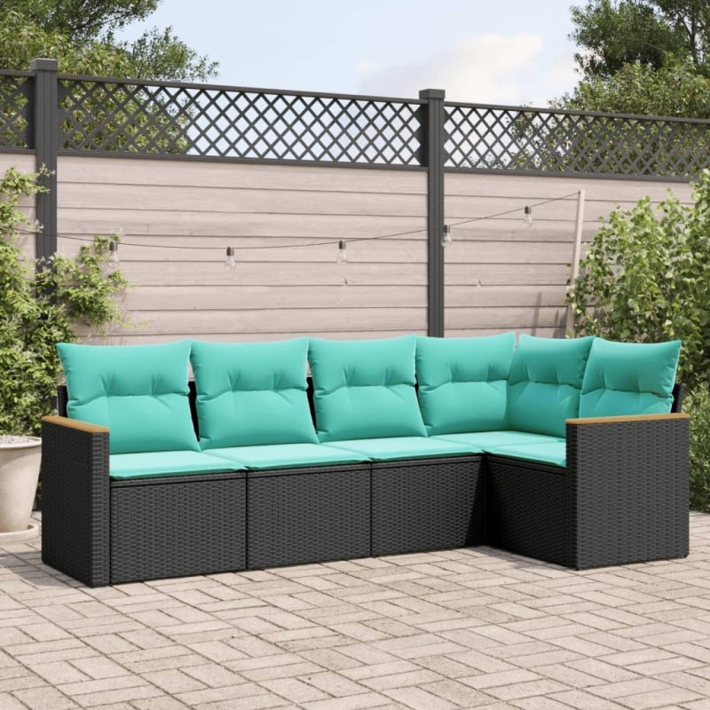 Salon de jardin 5 pcs avec coussins noir résine tressée 518918518918