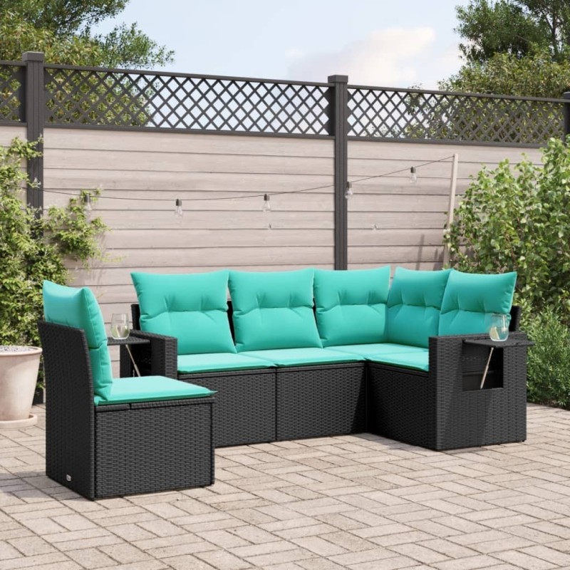 Salon de jardin 5 pcs avec coussins noir résine tressée 518939518939