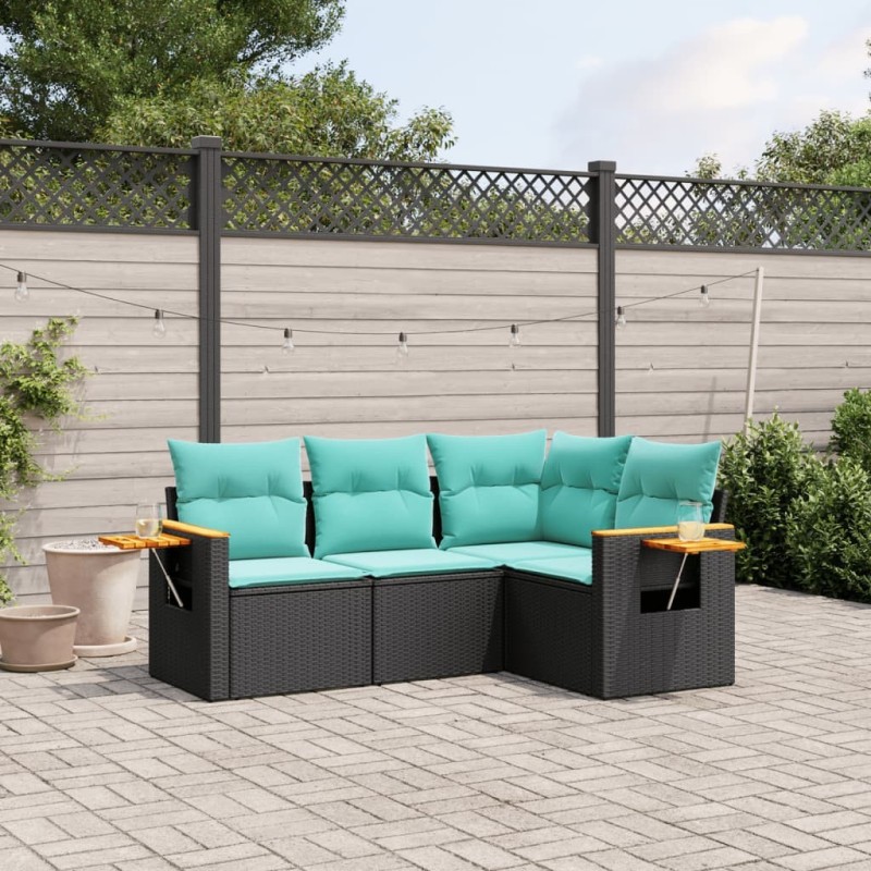 Salon de jardin 4 pcs avec coussins noir résine tressée 518979518979