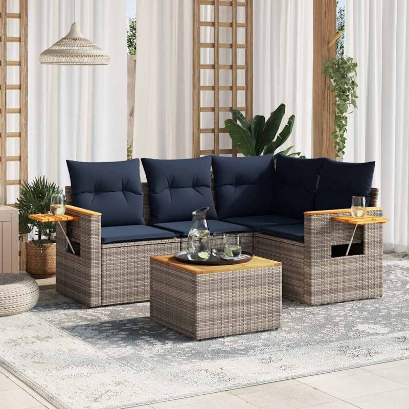 Salon de jardin 5 pcs avec coussins gris résine tressée 518980518980