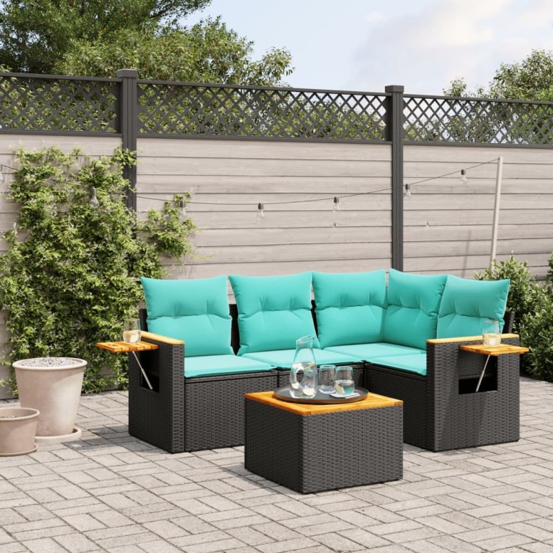 Salon de jardin 5 pcs avec coussins noir résine tressée 518981518981