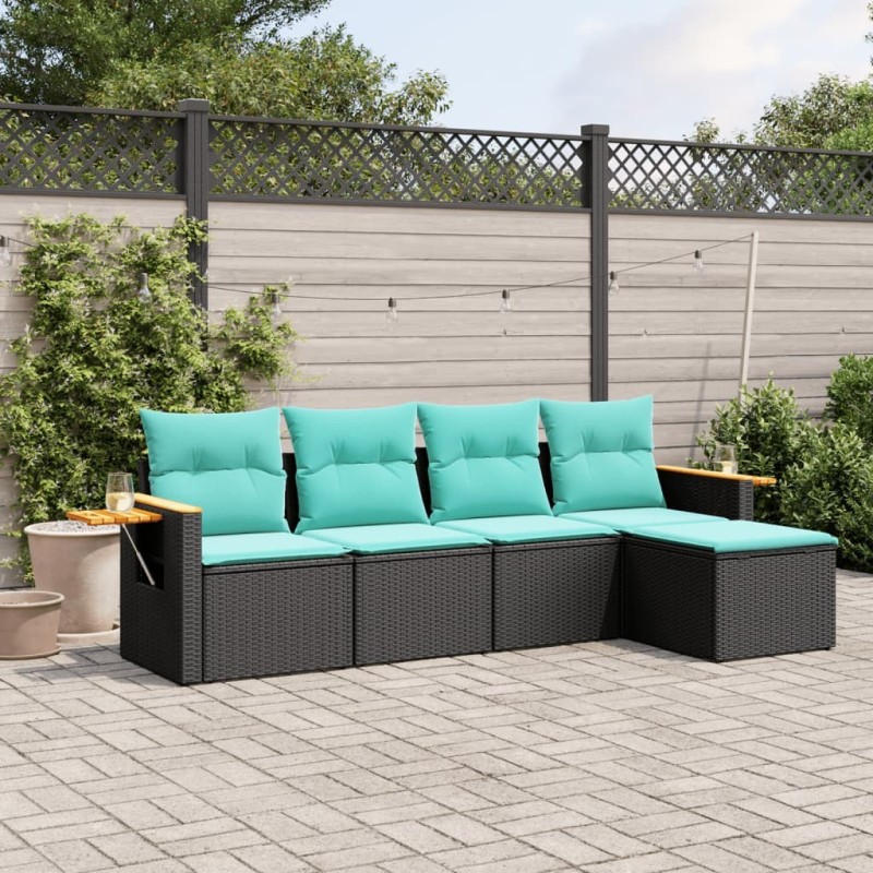 Salon de jardin 5 pcs avec coussins noir résine tressée 518987518987