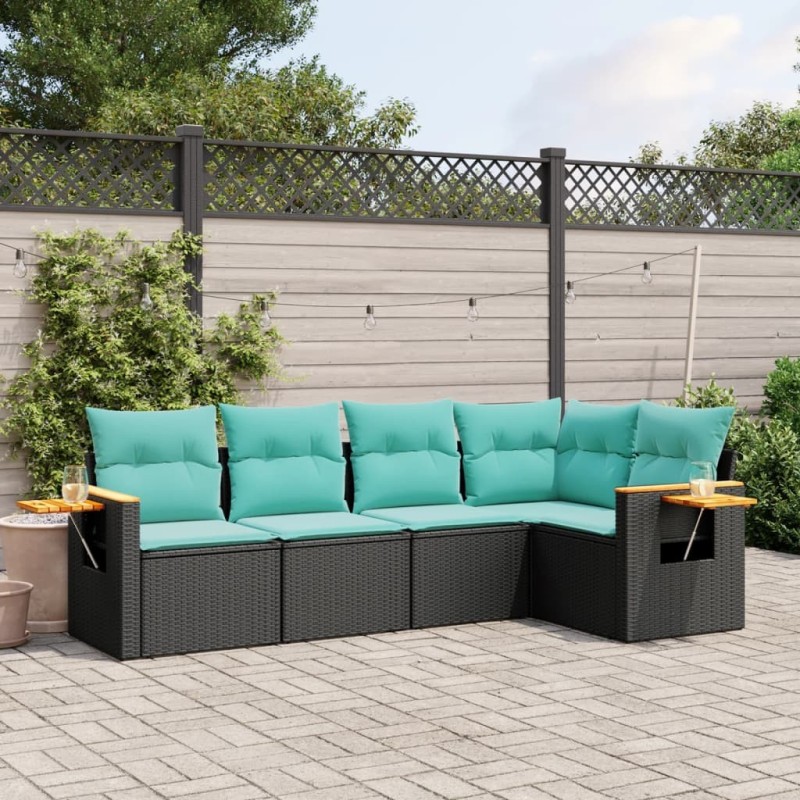 Salon de jardin 5 pcs avec coussins noir résine tressée 518989518989