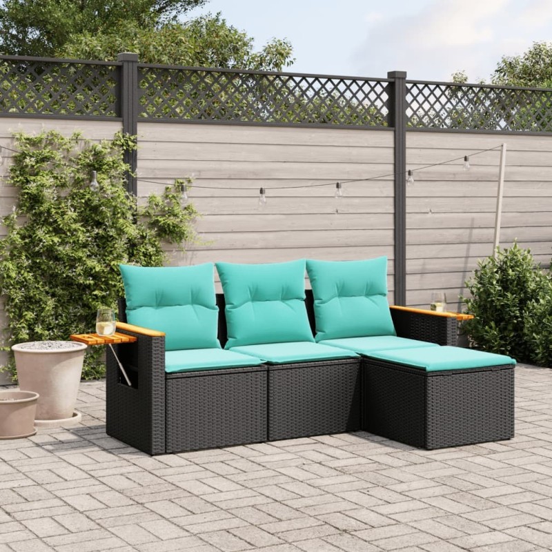 Salon de jardin 4 pcs avec coussins noir résine tressée 518991518991