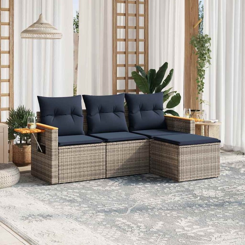 Salon de jardin 4 pcs avec coussins gris résine tressée 518992518992