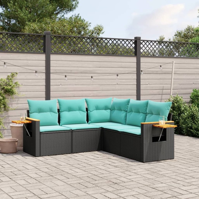 Salon de jardin 5 pcs avec coussins noir résine tressée 518995518995