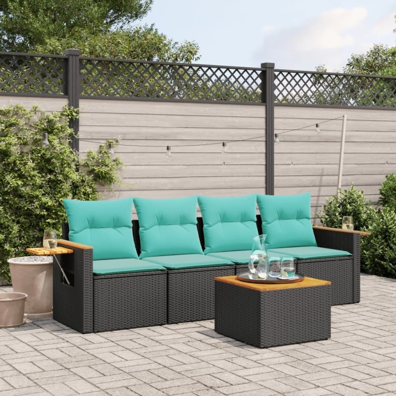 Salon de jardin 5 pcs avec coussins noir résine tressée 519059519059
