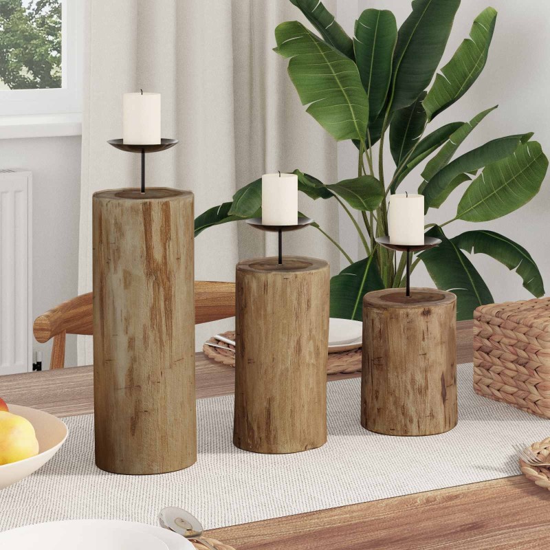 Bougeoir 3 pcs Naturel Teck massif 519939519939