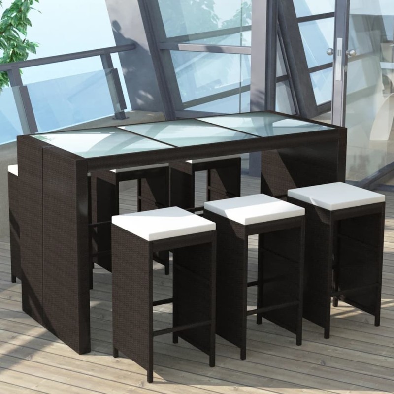 Ensemble de bar de jardin 7 pcs coussins Résine tressée Marron 524392524392