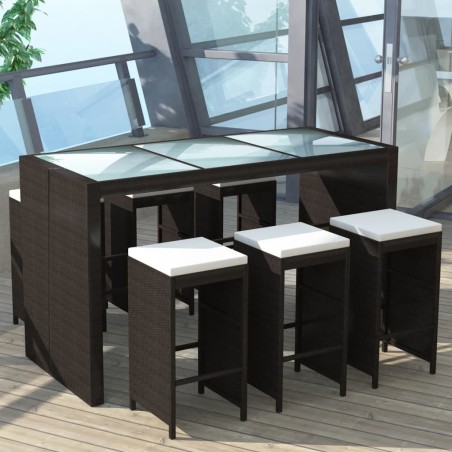 Ensemble de bar de jardin 7 pcs coussins Résine tressée Marron 524392524392