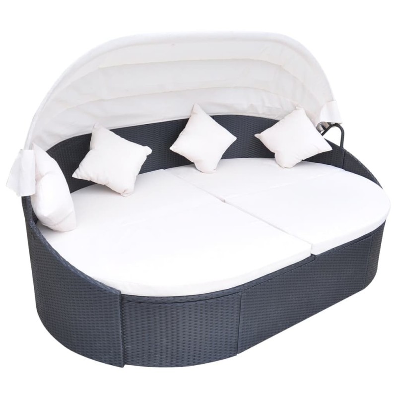 Chaise longue de jardin avec auvent Résine tressée Noir 524452524452