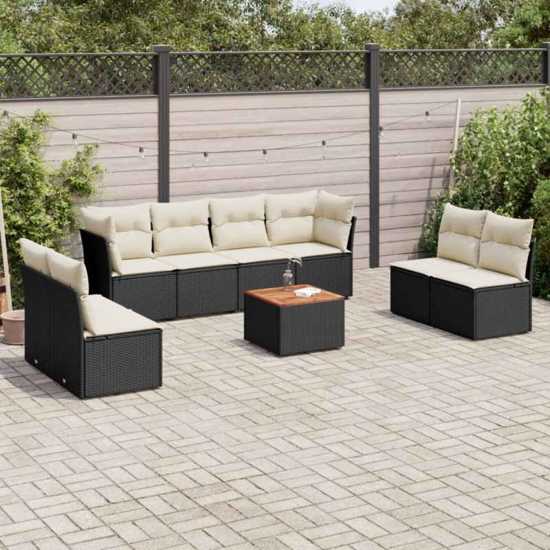 Salon de jardin 9 pcs avec coussins noir résine tressée 526108526108