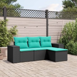 Salon de jardin 4 pcs avec coussins noir résine tressée 529474529474