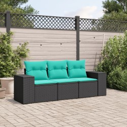 Salon de jardin 3 pcs avec coussins noir résine tressée 529476529476