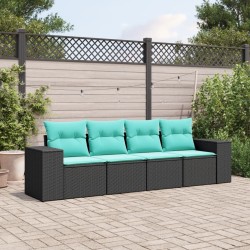 Salon de jardin 4 pcs avec coussins noir résine tressée 529480529480