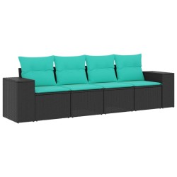Salon de jardin 4 pcs avec coussins noir résine tressée 529480529480