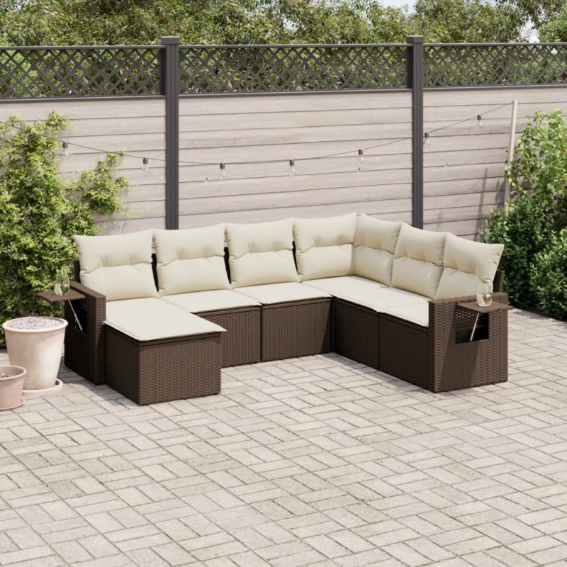 Salon de jardin avec coussins 7 pcs marron résine tressée 529485529485