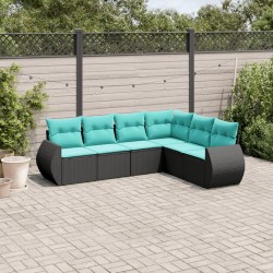 Salon de jardin 6 pcs avec coussins noir résine tressée 529494529494
