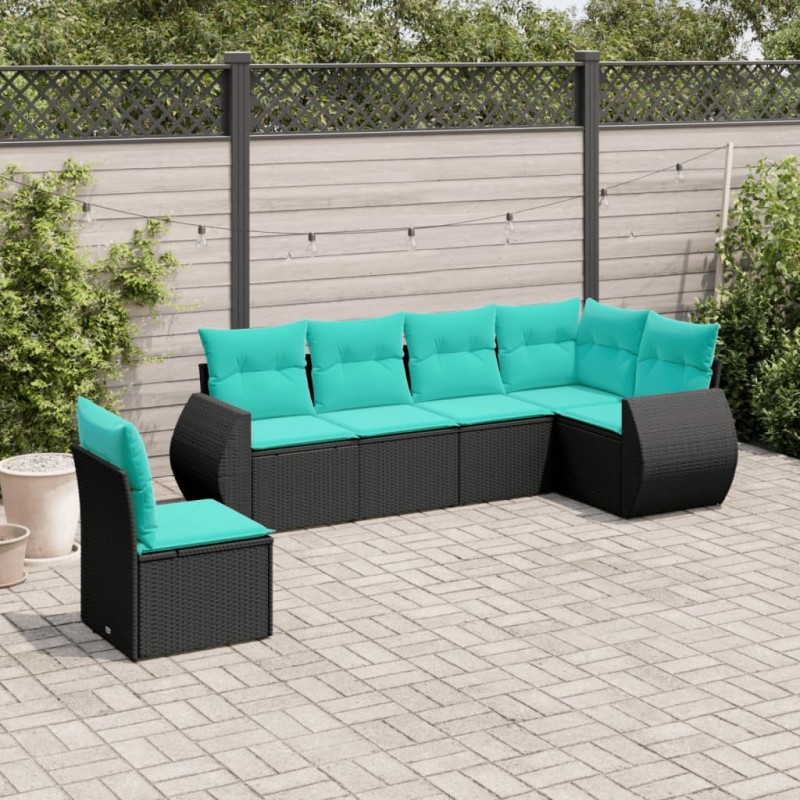 Salon de jardin 6 pcs avec coussins noir résine tressée 529518529518