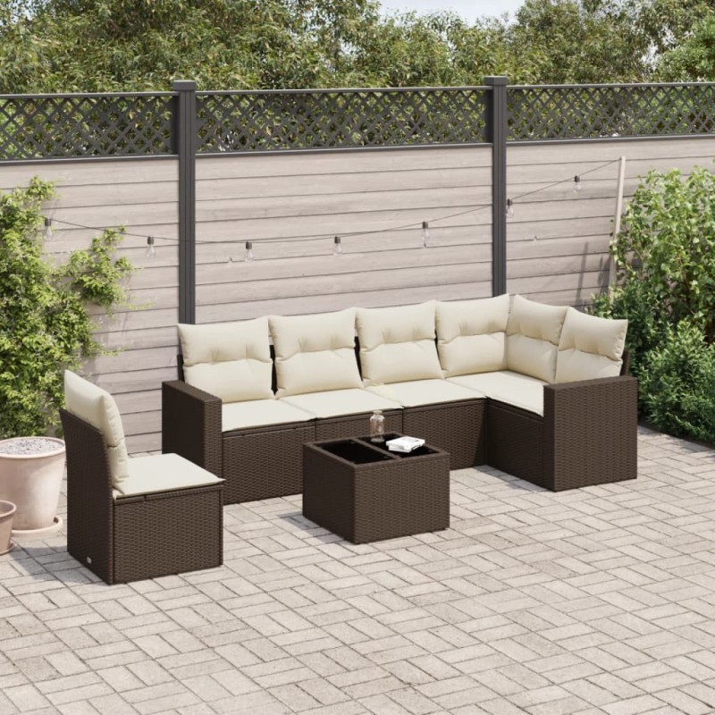 Salon de jardin avec coussins 7 pcs marron résine tressée 529536529536