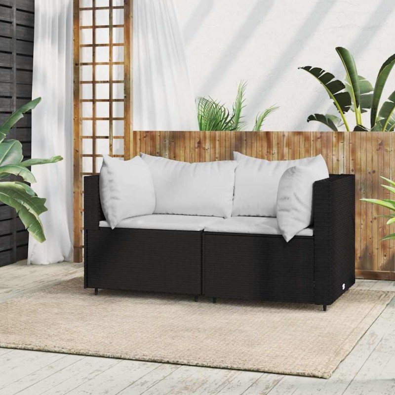 Canapé d'angle de jardin avec coussins Noir Résine tressée 529592529592