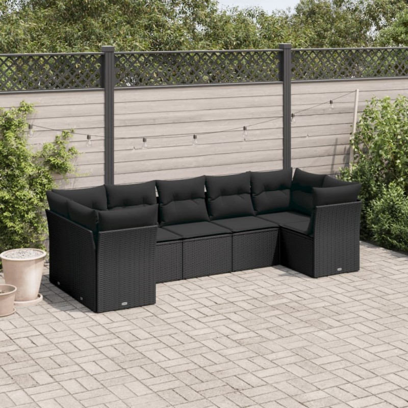 Salon de jardin 7 pcs avec coussins noir résine tressée 529629529629