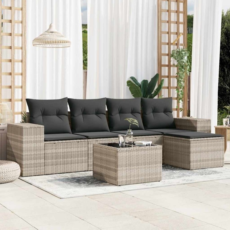 Salon de jardin 6 pcs avec coussins gris clair résine tressée 529696529696