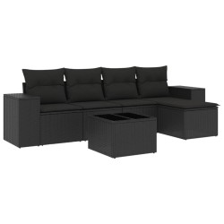 Salon de jardin 6 pcs avec coussins noir résine tressée 529698529698