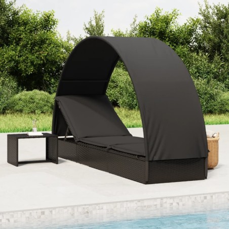 Chaise longue avec toit rond noir 211x57x140 cm résine tressée 529762529762