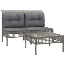 Salon de jardin 3 pcs avec coussins Gris Résine tressée 529998529998
